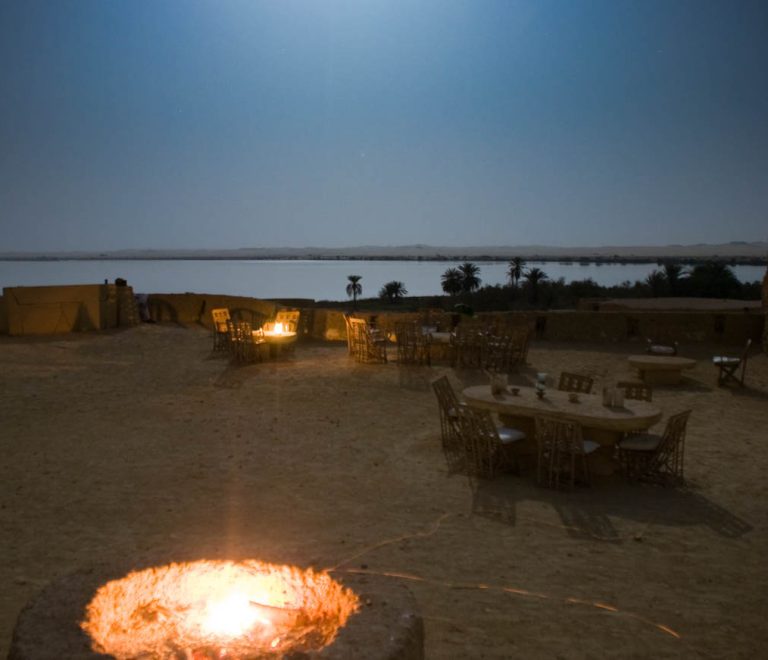 Traditional stone-built hotel in Siwa Oasis surrounded by palm trees and desert landscape.