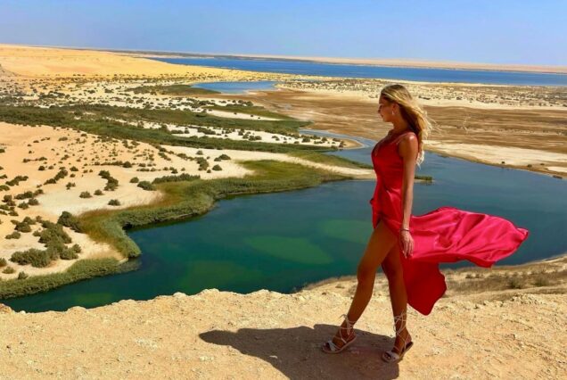 Woman in a flowing red dress overlooking a scenic oasis