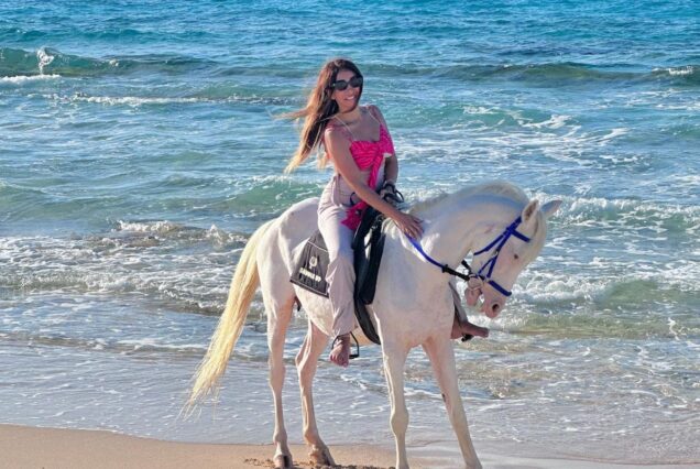 A woman riding a white horse along the shoreline, with gentle waves rolling in