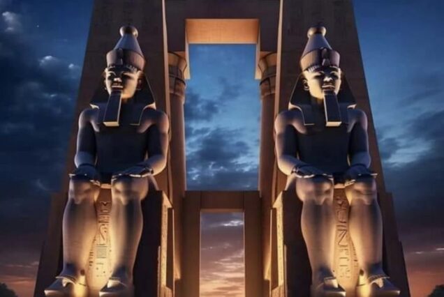 Illuminated statues and columns of Luxor Temple at night, with a deep blue sky in the background