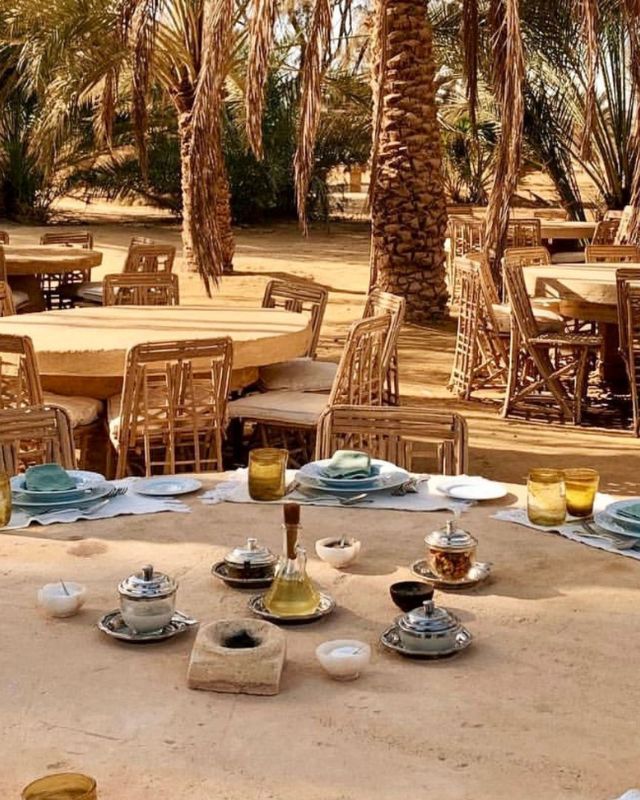 Outdoor dining tables set under palm trees, with plates, cups, and traditional tableware placed on the tables, creating a serene and natural dining atmosphere