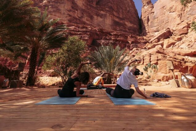 People practicing yoga outdoors in a desert landscape, surrounded by rocky formations and palm trees