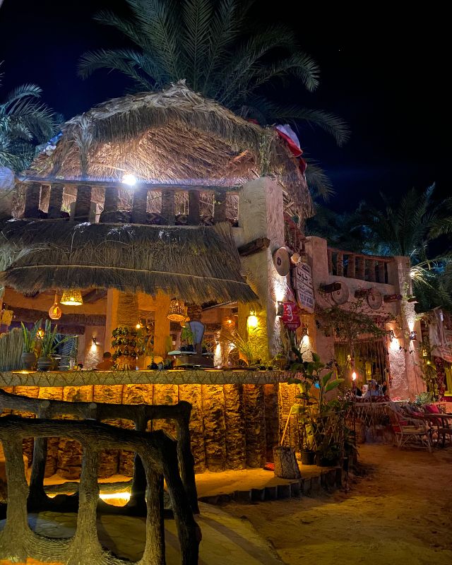Cozy lounge area with colorful tribal decor, wooden furniture, and plants creeping through an open window