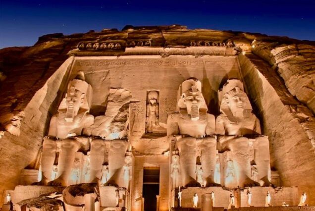 A panoramic view of the Avenue of Sphinxes leading to Luxor Temple in Egypt, with rows of statues on both sides of the path