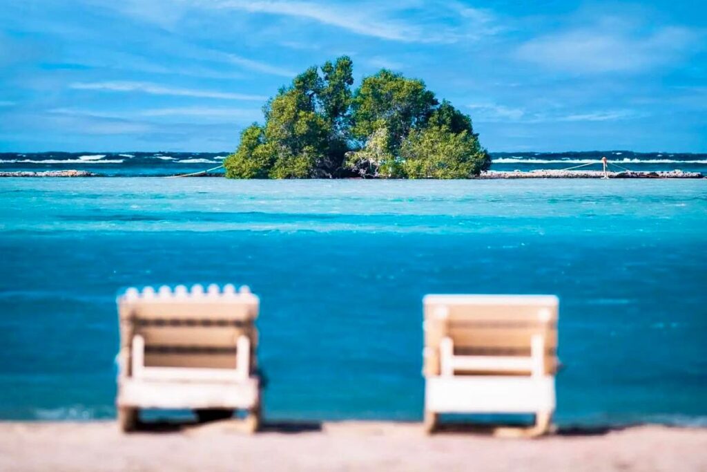 Beach chairs facing a small green island in turquoise waters