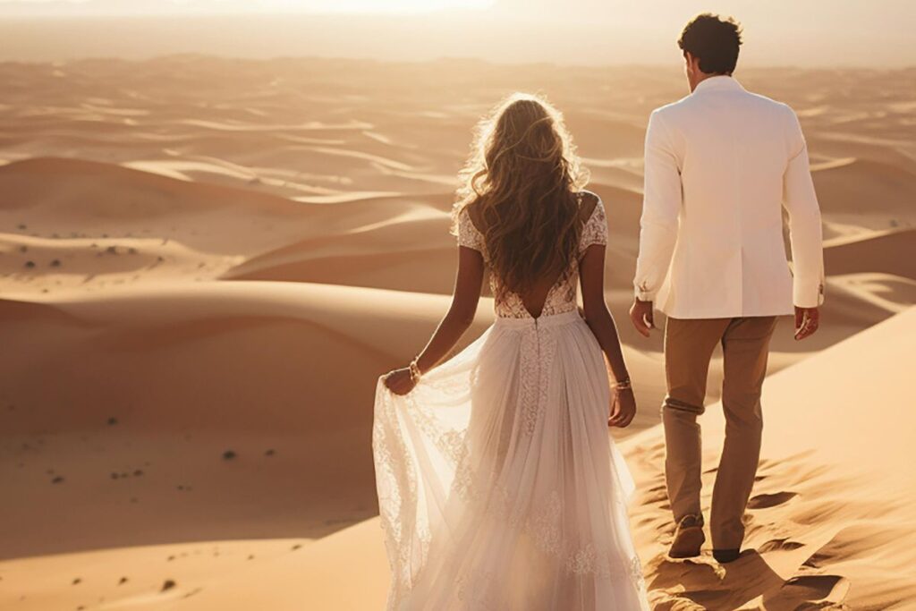 Couple in formal attire walking through sand dunes at sunset