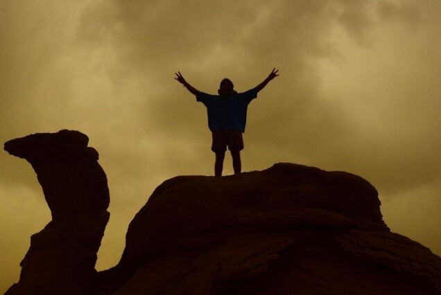 Silhouette of a person with raised arms on a rock against a yellow sky