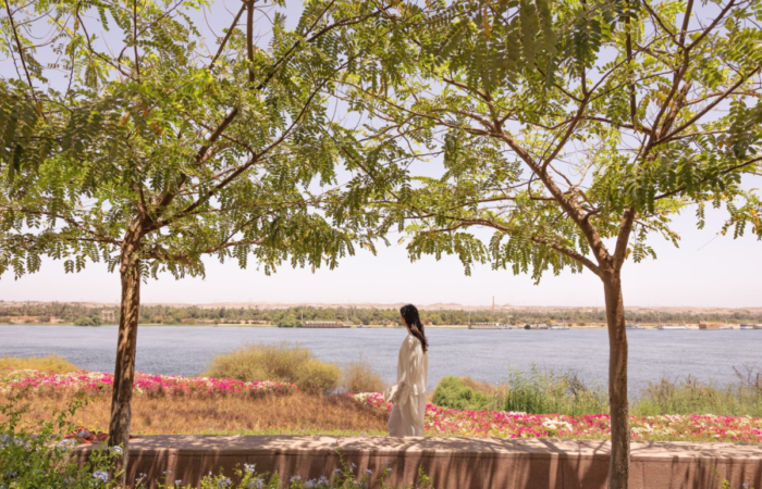 A woman in a white dress walking peacefully in a lush garden overlooking a river